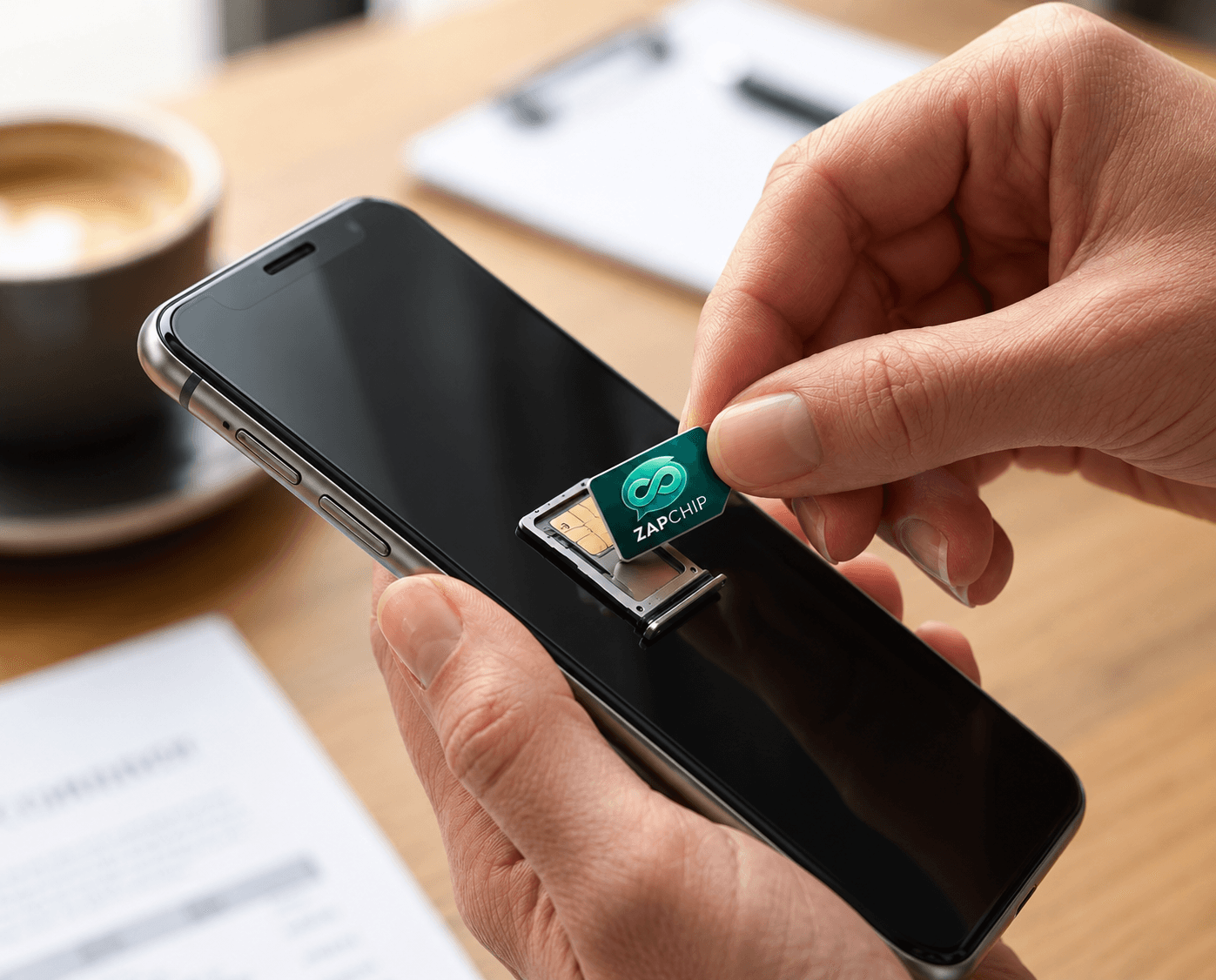 Cliente inserindo o chip Zap Chip no celular
