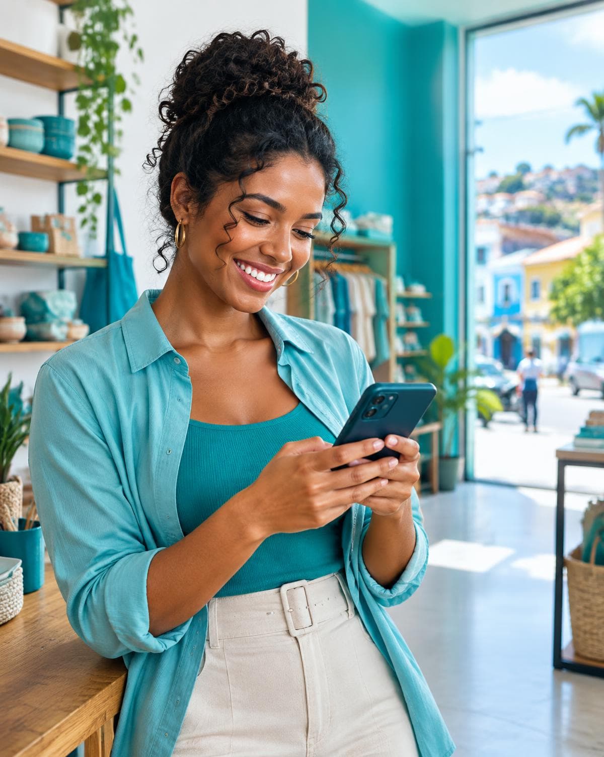 Empreendedora usando o celular com a conexão Zap Chip